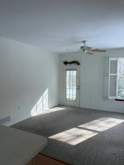 Empty living room with gray carpet, white walls, a glass door, and a ceiling fan lit by sunlight.