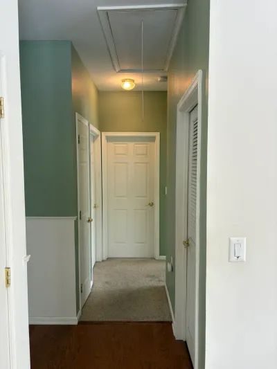 A narrow hallway with sage green walls, white paneled doors, and a flooring transition from wood to carpet.