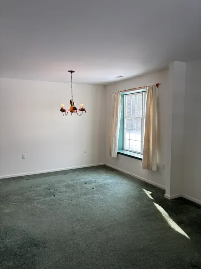 Empty room with green carpet, a decorative chandelier, and a curtained window before renovation.