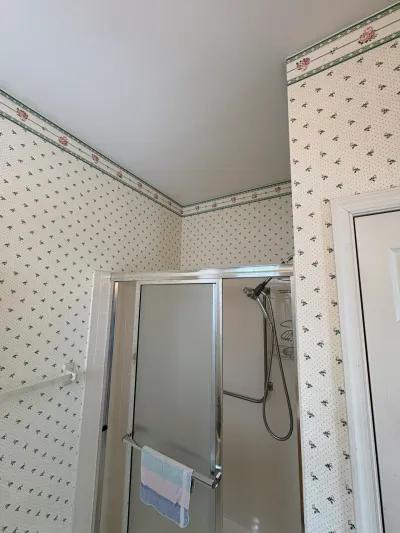 Dated bathroom with floral wallpaper and a corner shower enclosed by frosted sliding glass doors.