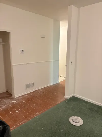 Basement room before renovation with worn tile flooring, green carpet, and an open closet nook.