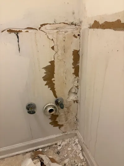 Water-damaged bathroom wall with peeling paint and exposed shower plumbing stems before renovation.