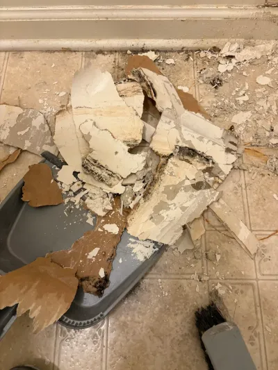 Close-up of torn laminate debris being swept into a dustpan during a renovation demolition.