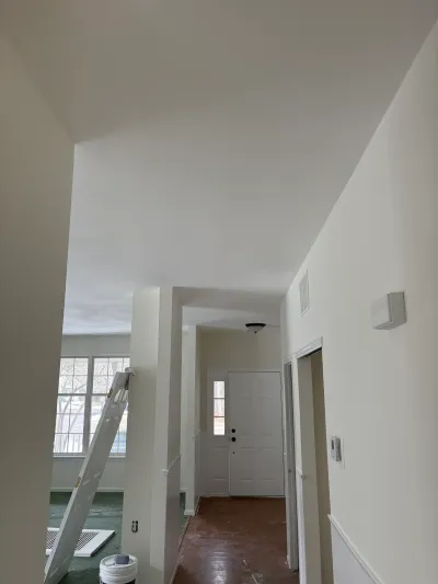 A hallway mid-paint job with a ladder, drop cloths, and a white front door visible at the end.