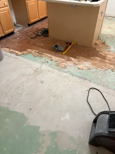 Kitchen floor stripped down to concrete subfloor during renovation, with tools and cabinets still in place.
