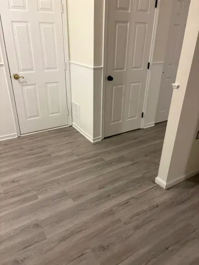 Hallway with gray wood-look vinyl plank flooring, white wainscoting, and paneled doors.