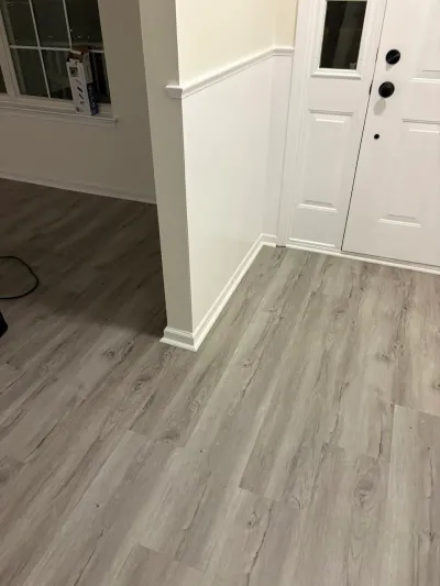 Entryway with new gray plank flooring, white trim, and a paneled front door with black hardware.