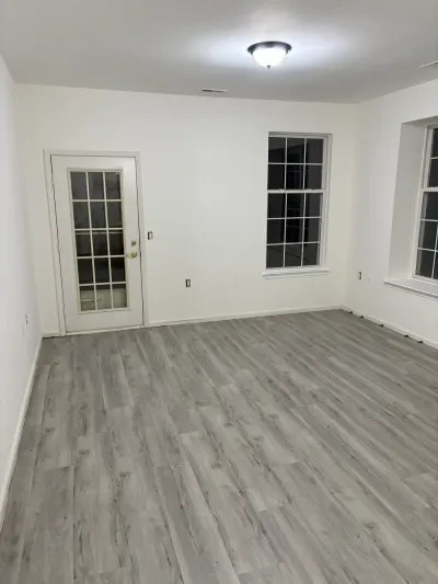 Empty room with gray plank flooring, white walls, a glass-paned exterior door, and two windows.