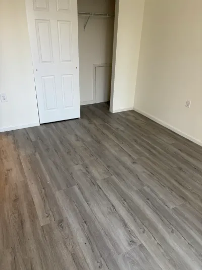 Empty bedroom with new gray vinyl plank flooring and an open closet featuring a white paneled door.