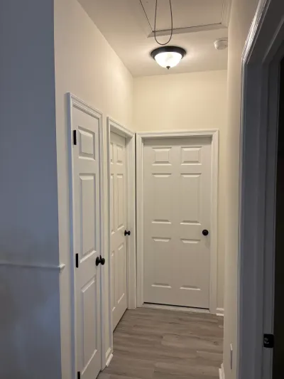 A finished hallway with white paneled doors, bronze hardware, gray plank flooring, and a round ceiling light.