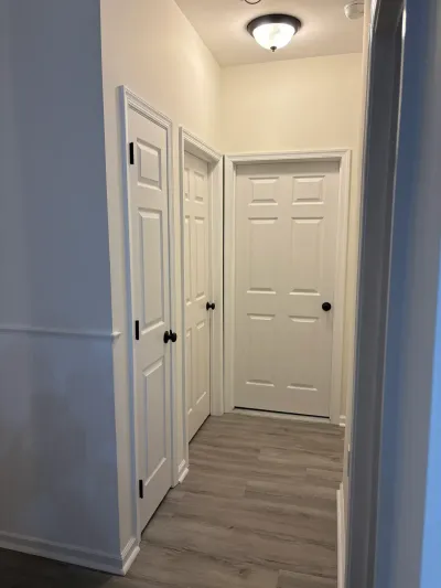 A finished hallway with white paneled doors, bronze hardware, and gray plank flooring.