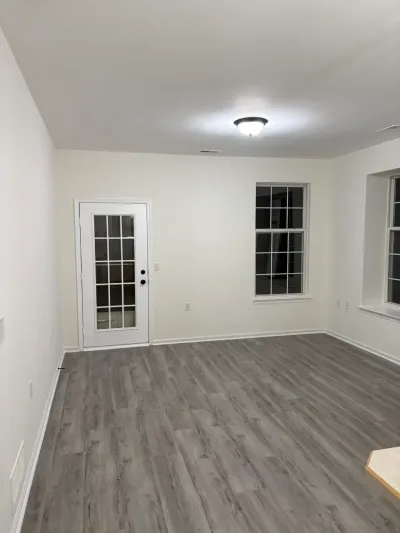 Empty finished basement room with gray plank flooring, white walls, a glass-panel exterior door, and two windows.