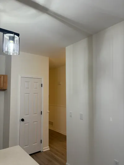 Hallway with a white paneled door, black light fixture, and an archway leading to another room.
