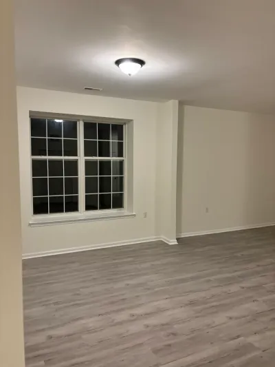 Empty finished basement room with gray vinyl plank flooring and a paned window, lit at night.