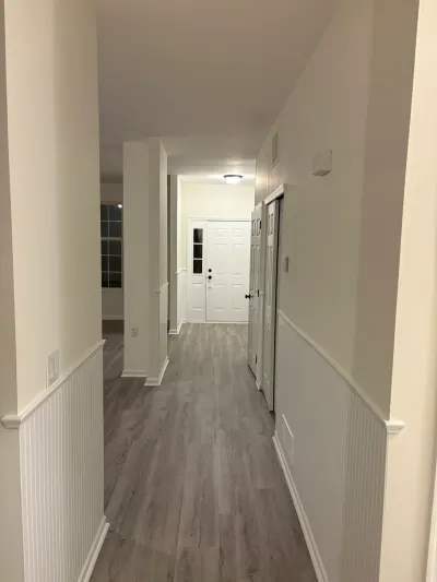 A finished hallway with gray vinyl plank flooring, white wainscoting, and a black-hardware front door at the end.