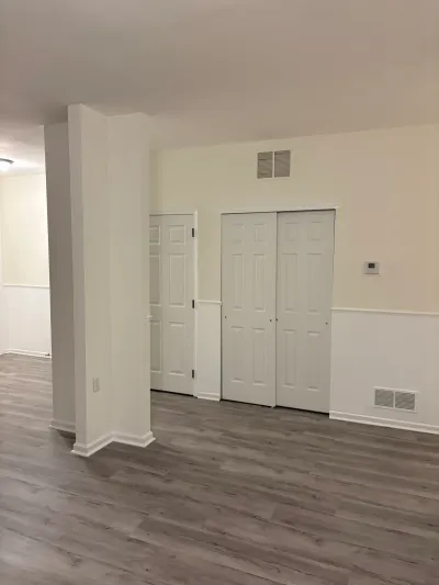 Finished basement hallway with gray plank flooring, white closet doors, and a painted support column.
