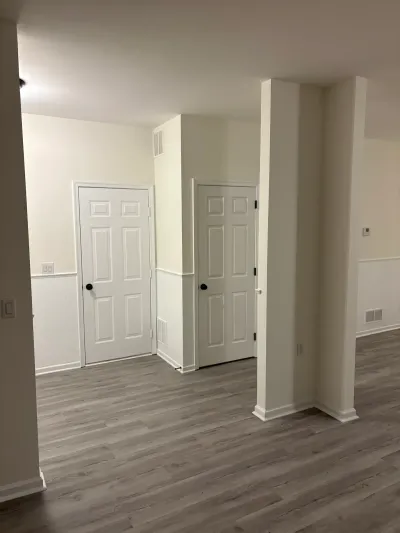Finished basement hallway with gray plank flooring, white paneled doors, and a support column.