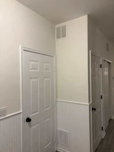 Hallway with white paneled doors, black hardware, wainscoting, and dark plank flooring.