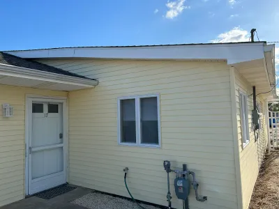 Exterior corner of a house with yellow vinyl siding, white trim, and a roofline transitioning from shingles to metal.