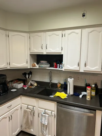 Cluttered kitchen corner with white cabinets, dark countertop, and stainless dishwasher before renovation.