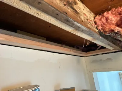 Exposed ceiling joists and pink insulation above unfinished drywall walls in a basement under renovation.