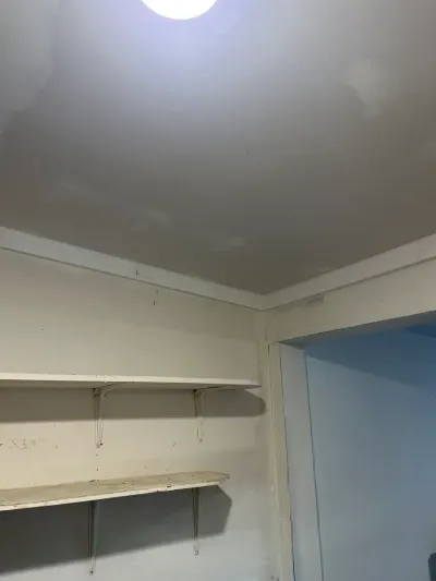 Corner of an unfinished basement room with stained ceiling, worn open shelving, and a doorway to a blue room.