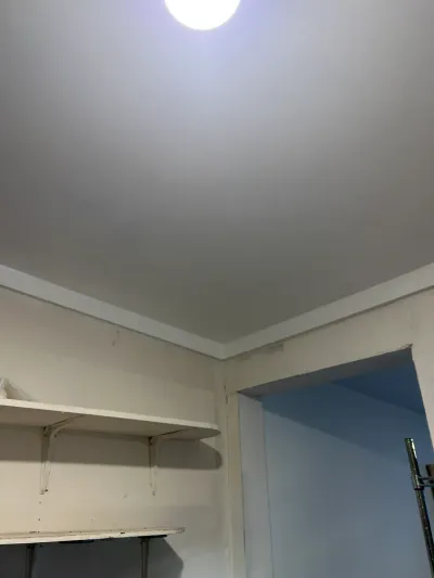 Corner of a room with white walls, crown molding, a ceiling light, and wall-mounted shelving before renovation.