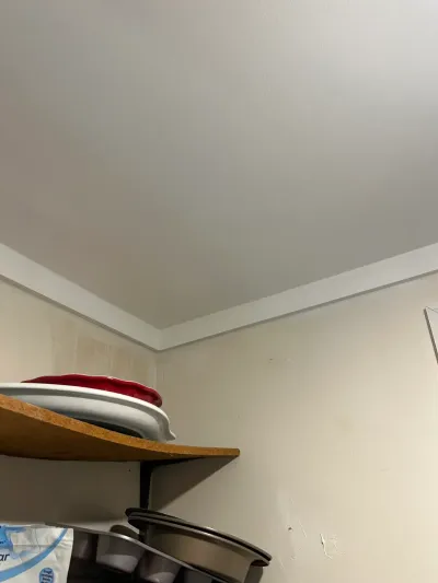 Corner of a pantry closet with stained walls, crown molding, and a shelf holding dishes and cookware.
