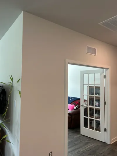 Hallway view of an open glass-paneled door leading into a living room with a leather sofa.
