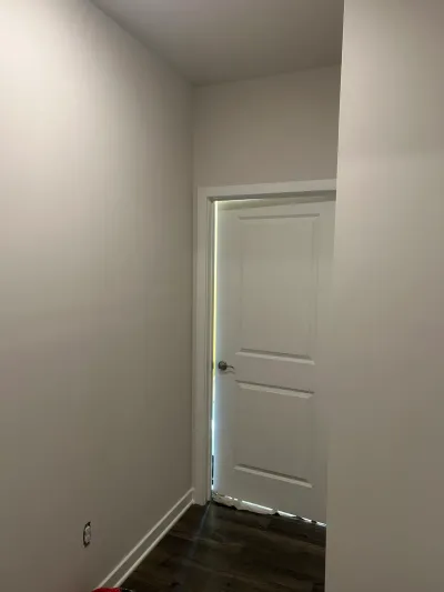 A freshly painted hallway with dark wood flooring leads to a closed white paneled door.