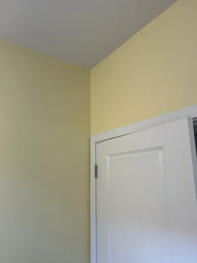 Corner of a freshly painted pale yellow room with white ceiling and a white raised-panel interior door.