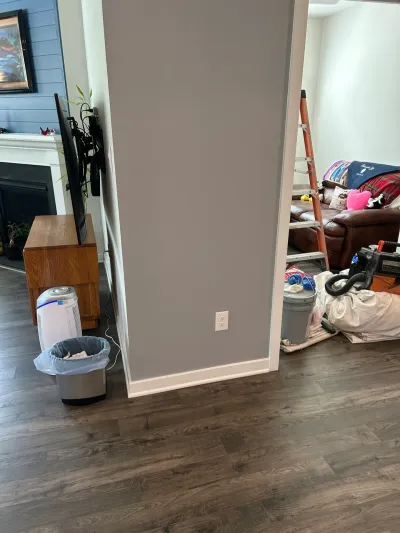 Freshly painted gray partition wall in a living room with a ladder, drop cloth and shop vac nearby.