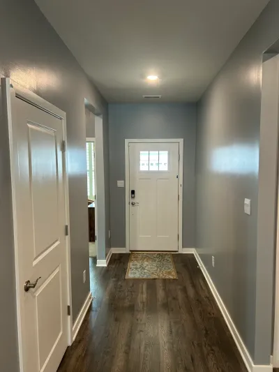 Narrow entry hallway with gray-blue walls, dark plank flooring, and a white front door with window lites.