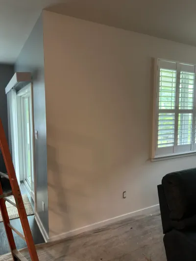 Living room mid-repaint with beige accent wall, drop cloth on floor, ladder, and shuttered window.