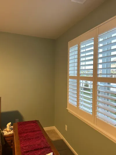 Sage green bedroom corner with white plantation shutters on a three-panel window and beige carpet.