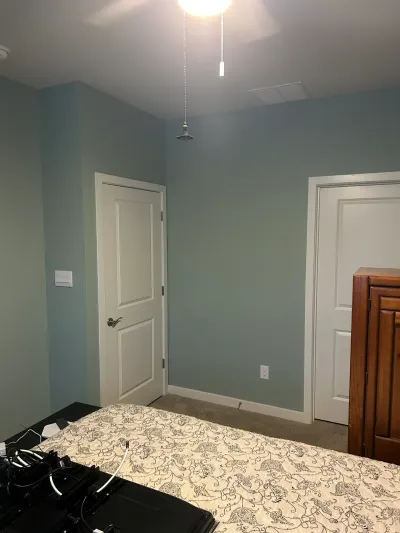 Bedroom with soft blue-green walls, white doors and trim, beige carpet, and a lit ceiling fan.