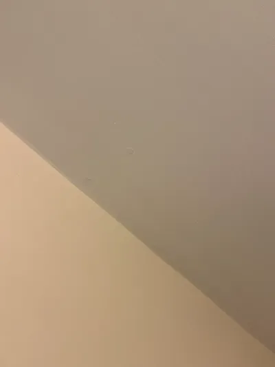 Close-up of a painted drywall corner where a tan wall meets an off-white sloped ceiling.