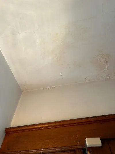 Water-stained, cracked white plaster ceiling with peeling paint above stained wood door trim.