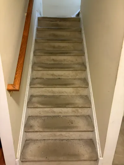 Narrow enclosed staircase with worn stained beige carpet and an oak handrail on the left wall.