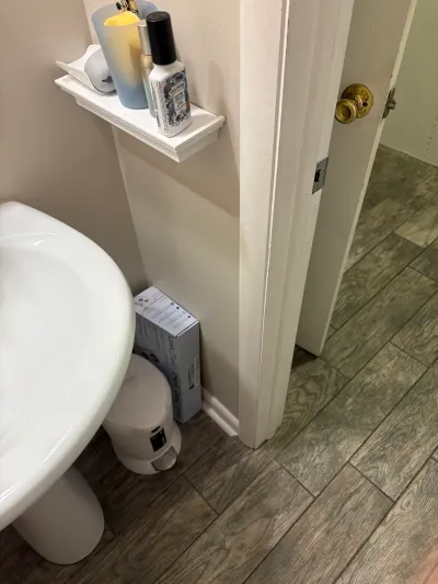 Corner of a small bathroom with white pedestal sink, wood-look tile floor and brass door knob