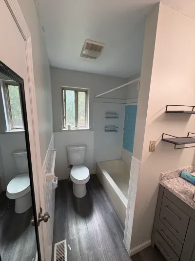 Narrow existing bathroom with gray plank floor, white toilet, tiled alcove tub and gray vanity.