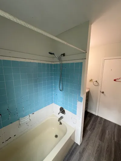 Dated bathroom with chipped blue tile tub surround, handheld shower, and gray wood-look vinyl plank floor.