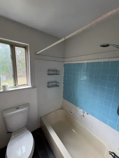 Dated bathroom with blue tile tub surround, chrome handheld shower, white toilet and a window over the sill.