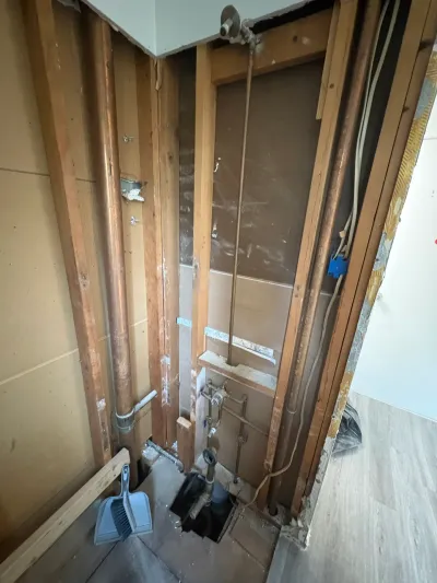 Bathroom stripped to studs during demolition, showing copper pipes, exposed toilet drain and open floor.