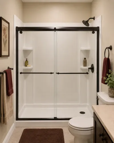 White acrylic alcove shower with oil-rubbed bronze sliding glass doors, beige tile floor and burgundy towels.
