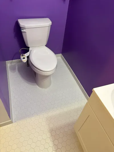 Toilet with bidet attachment in a purple-walled bathroom with hexagon tile flooring.