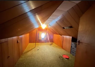 Unfinished attic space with sloped wood-paneled ceiling, worn carpet, and a bright light at the far end.