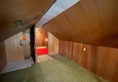 Dated wood-paneled attic space with green carpet, sloped ceiling, and a doorway to another attic room.
