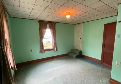 Empty bedroom with mint green walls, worn carpet, drop ceiling, and small wooden steps to a doorway.