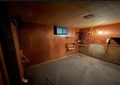 Dim unfinished basement room with dark wood paneling, concrete floor, and exposed wiring.